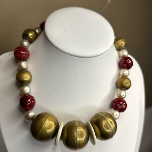 Chunky Red & Gold Beaded Necklace ~ Big Round Beads